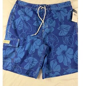 NWT Mens Swim Shorts Size L Draw String Blue Hibiscus Tropical Surf Style Summer